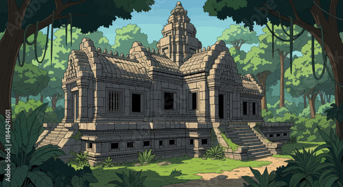 Ancient Stone Temple in Dense Jungle Forest Illustration
