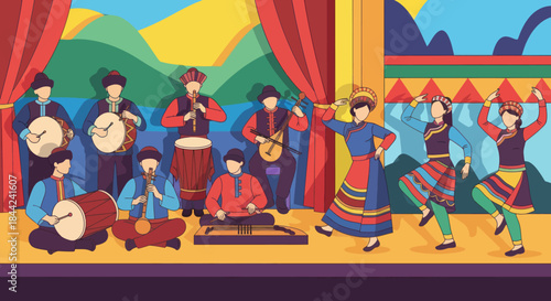 Traditional Cultural Performance with Music and Dance on Stage