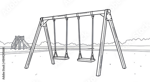 Line Art Illustration of an Outdoor Playground Swing Set