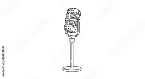 Vintage style microphone on a stand, line art illustration.