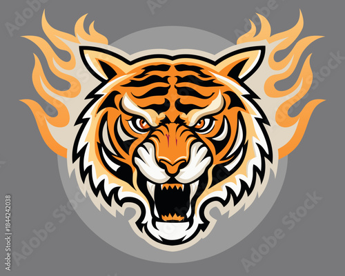 A fierce tiger head illustration with flames and a striking circular design
