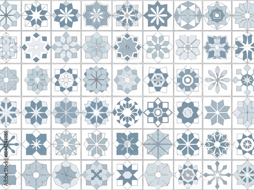 Grid of blue and white geometric floral patterned decorative ceramic tiles
