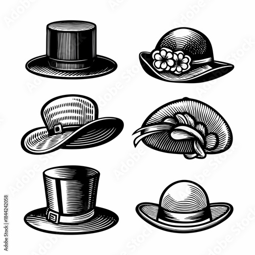 Vintage collection of elegant hats in a detailed black and white style