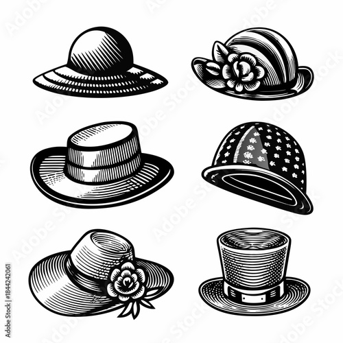 Vintage collection of elegant hats in a detailed black and white illustration