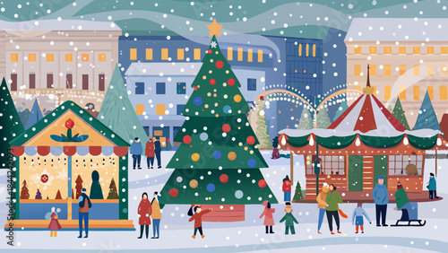 Festive christmas market scene with illuminated tree and joyful winter atmosphere