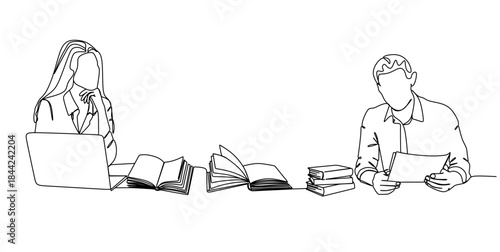Continuous single line drawing of a young man and woman looking at a laptop screen, writing and reading line art vector illustration