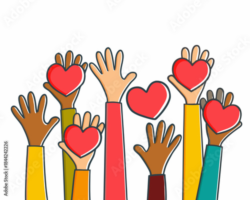 Diverse hands reaching up holding red hearts symbolizing love and community