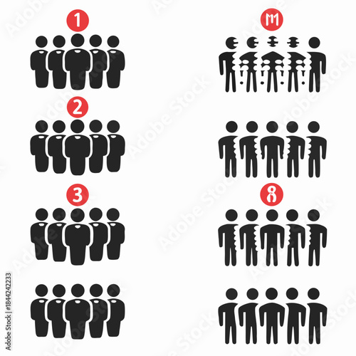Silhouettes of groups of people in various formations and quantities
