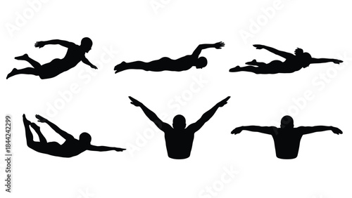 Collection of black silhouette icons depicting various swimming strokes and diving positions