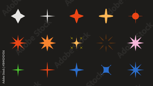 A collection of colorful starburst and cross shaped light effects on black