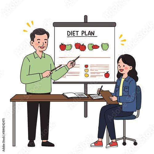 A friendly nutritionist explains a healthy diet plan to a woman taking notes in a consultation session.
