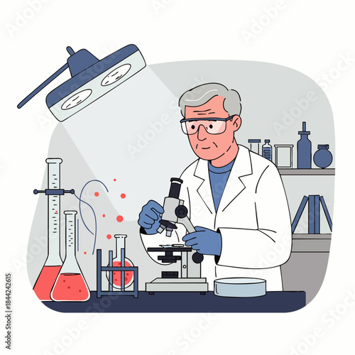 A dedicated senior scientist meticulously examines samples under a powerful microscope in a modern laboratory, conducting crucial research and experiments.