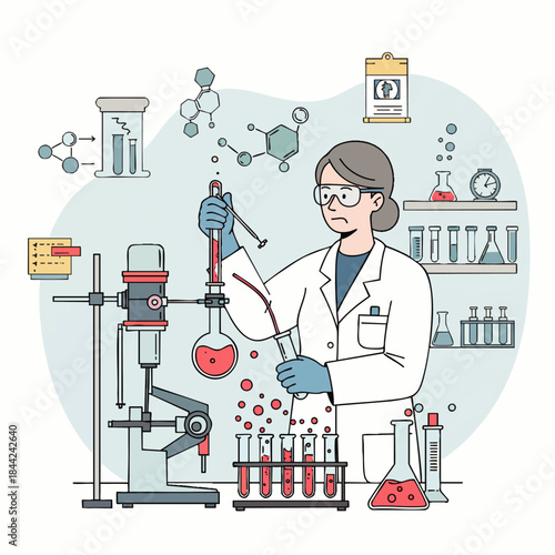 A female scientist in a lab coat and safety glasses conducts a chemical experiment, carefully pipetting red liquid between flasks in a modern laboratory.