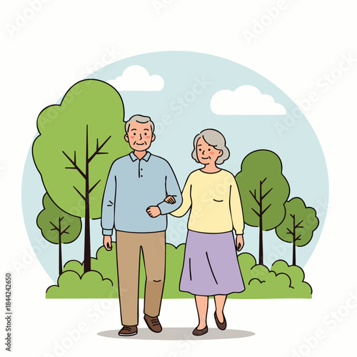 An illustration depicts a happy elderly couple enjoying a leisurely walk arm-in-arm through a vibrant park setting on a pleasant day.