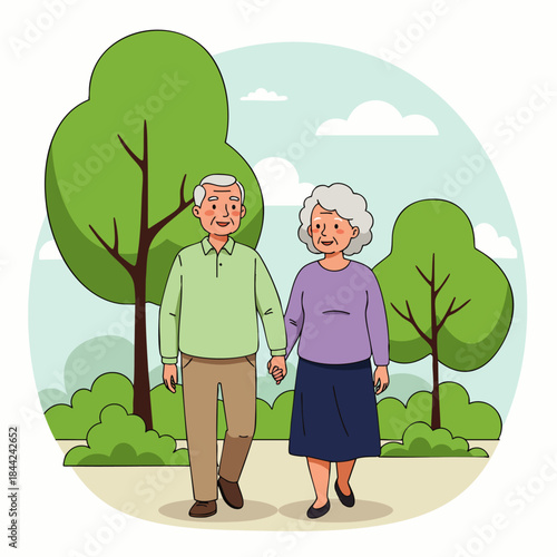 A happy senior couple enjoys a leisurely stroll hand-in-hand through a vibrant green park, celebrating their enduring love and companionship in retirement.