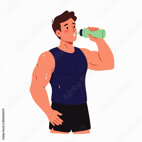 An athletic man with a muscular physique takes a refreshing drink from his green water bottle, promoting hydration and a healthy lifestyle.