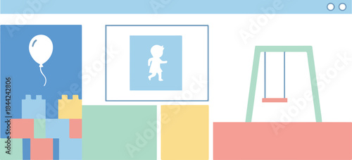 Children's playtime and educational building blocks, featuring a swing set and a balloon for joy and imagination in a playful setting