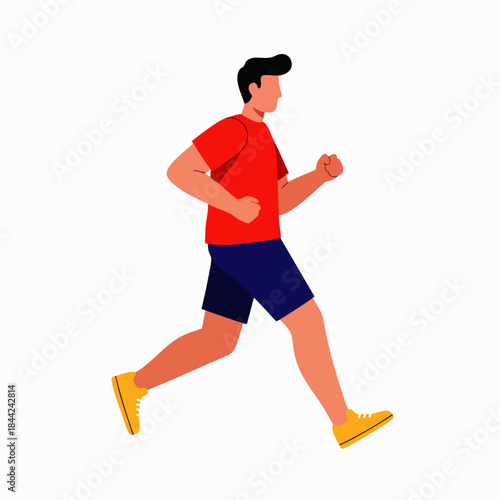 A fit man with dark hair in a red shirt and blue shorts runs energetically outdoors, showcasing a healthy lifestyle and active pursuit.