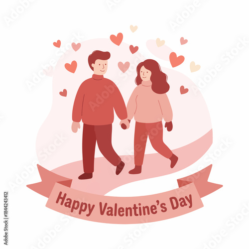 A Couple Walking Hand-in-Hand Under a Shower of Hearts, Celebrating Valentine's Day with Affection and Love