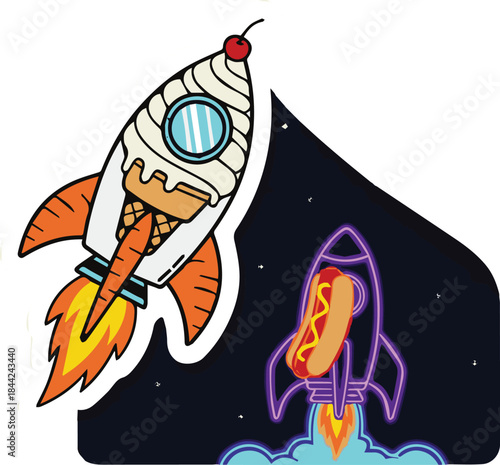 Whimsical Space Adventure featuring a Hot Dog and Ice Cream Cone Rocket Launching into the Cosmos