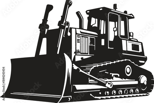 Bulldozer silhouette illustration, heavy construction machinery, industrial earthmoving equipment, tracked dozer graphic, powerful engineering vehicle for building and excavation
