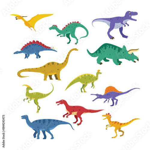 Colorful cartoon dinosaurs set on a white background.