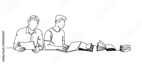 Continuous single line drawing of a young man and woman looking at a laptop screen, writing and reading line art vector illustration