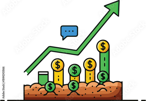 Financial growth concept showing a rising arrow graph with dollar coins planted like seeds in fertile soil