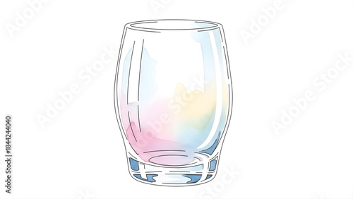 An empty, clear glass tumbler with pastel color accents at the base