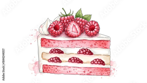 A delectable watercolor illustration showcasing a tempting slice of raspberry cream cake, perfect for illustrating sweet desserts, bakery menus, or celebratory occasions with an artistic touch