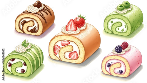 Delicious Swiss Roll Pastries with Fresh Fruit and Cream Toppings, a Sweet Treat