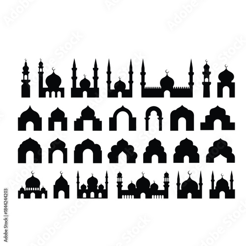 Islamic Decorative Elements Collection: Mosque Silhouettes, Halal Labels, and Ramadan Religious Icons