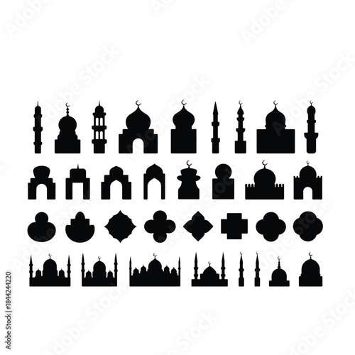 Islamic Decorative Elements Collection: Mosque Silhouettes, Halal Labels, and Ramadan Religious Icons