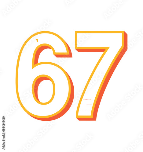 Bold, stylized number 67 with vibrant orange and yellow shading on white background