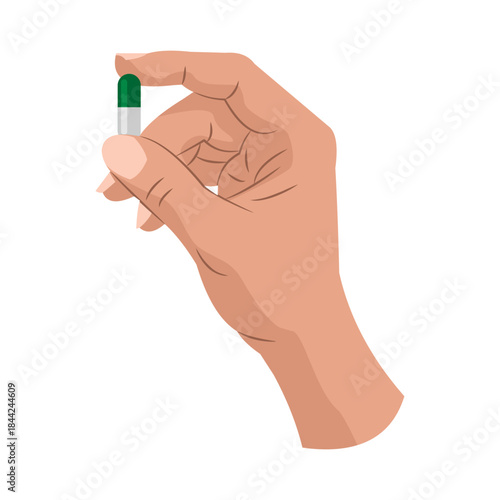 Hand holding one medicine tablet isolated on white background