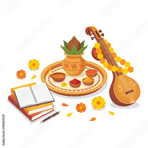 Indian cultural elements including a veena, kalash, books, and flowers, celebrating heritage and tradition