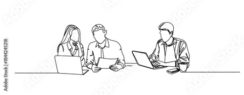 Continuous single line drawing of a young man and woman looking at a laptop screen, writing and reading line art vector illustration