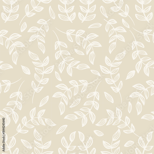 Seamless pattern with branches and leaves. Beige background. Vector illustration.