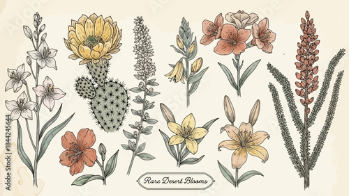 Rare Desert Blooms Botanical Illustration Wildflowers Cacti Natural Elements Hand Drawn Vintage Style Wild Plants Artwork