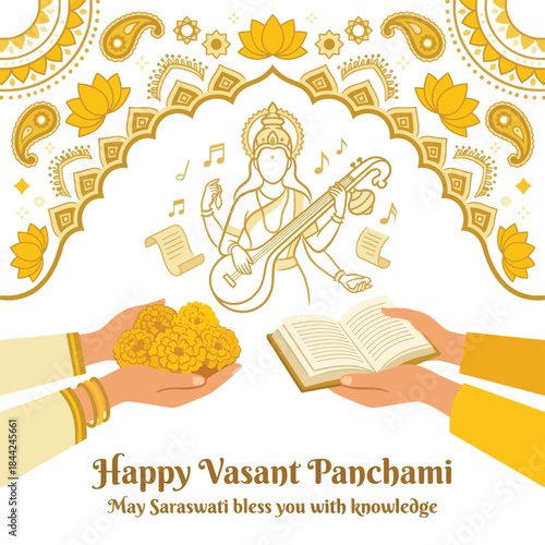 Happy Vasant Panchami Celebration with Goddess Saraswati Blessing Knowledge and Marigold Flowers