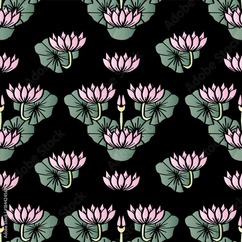 Seamless pattern with lotus flowers on a black background.