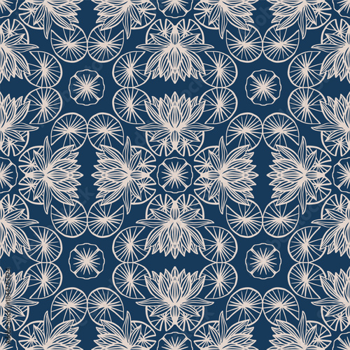 Seamless pattern with decorative mandala lotus flowers. Dark blue background. Vector illustration.