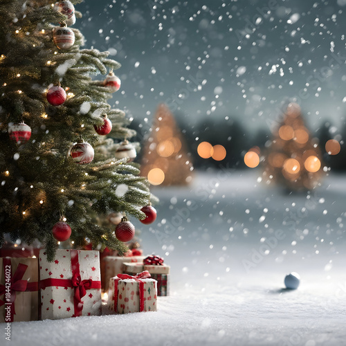 Wallpaper Mural Christmas tree closeup with gifts on snowy golf course with golf ball lying in the snow and golf flag in the background. Concept of resting golf sport during Christmas time. Torontodigital.ca