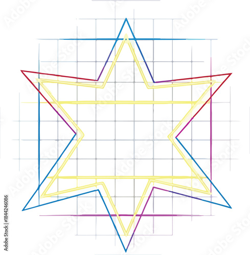 Overlapping multicolored sixpointed star shapes drawn over a faint grid