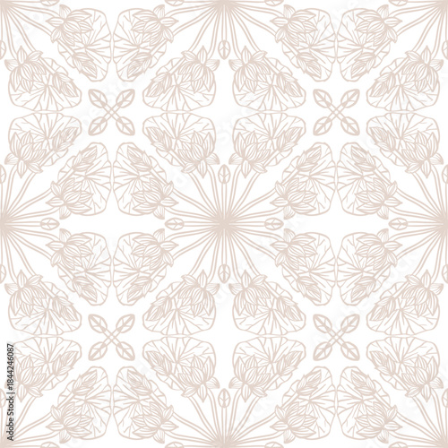Seamless pattern with decorative mandala lotus flowers. Beige background. Vector illustration.