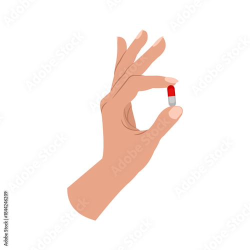 Hand holding one medicine tablet isolated on white background