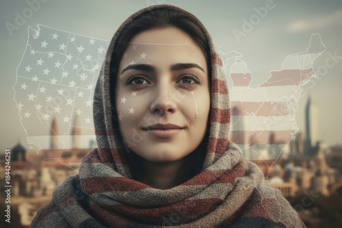 A young woman wearing a headscarf gazes intently ahead, with a serene expression. The skyline of a city and a faded map of the United States add a powerful context to her hopeful demeanor