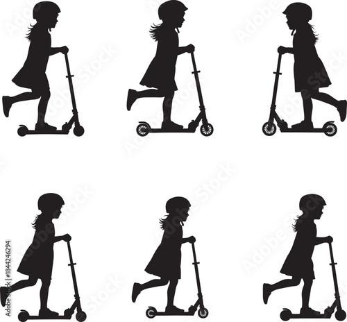 Silhouette of a girl riding a scooter in various poses