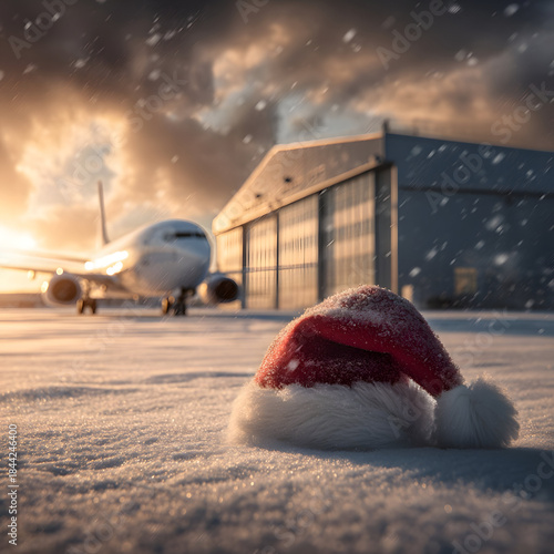 Wallpaper Mural Santa Claus hat placed on snowy airport hangar with airplane nose and hangar doors in background. Concept of Christmas celebration blending with travel and aviation industry. Torontodigital.ca
