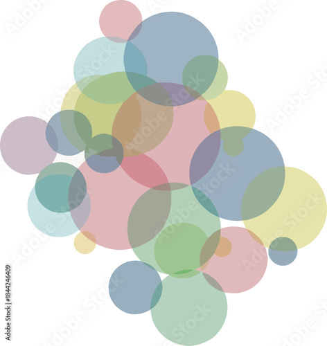 Overlapping semitransparent circles in pastel colors forming an abstract cluster on a white background
